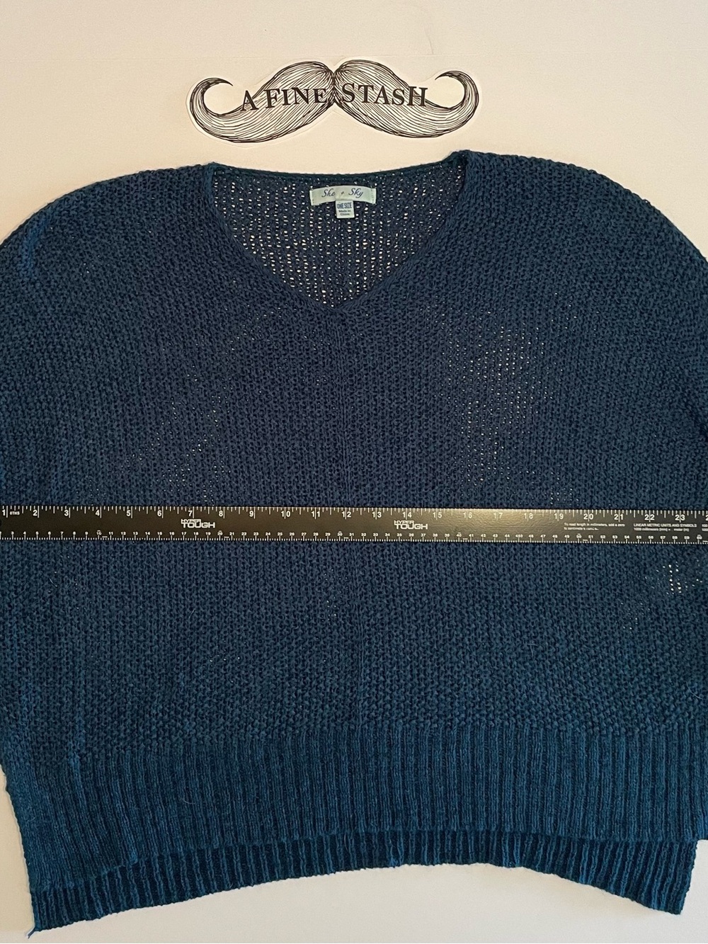 She + Sky Women’s Teal Navy V-Neck Open Knit Sweater One Size